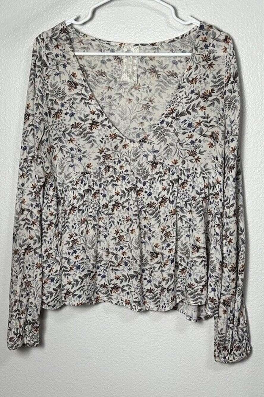 Sadie And Sage Women’s Cream Multicolor Peplum Top Long Sleeve Ruffle Size Small
